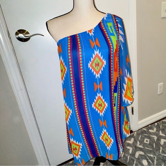 Entro Colorful One-Shoulder Sheer Dress - Picture 1 of 6